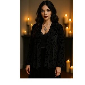 Whimsigoth XL Black Velvet Burnout Cardigan Grunge Emo Fairycore Witchy Vamp